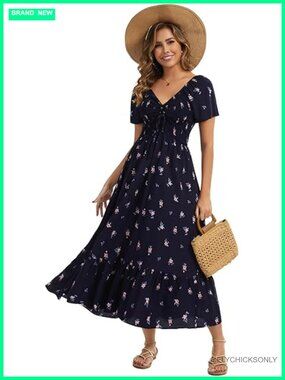 Smocked Floral Maxi Dress Flowy Tiered A-Line Boho Beach Party Long Dress Short